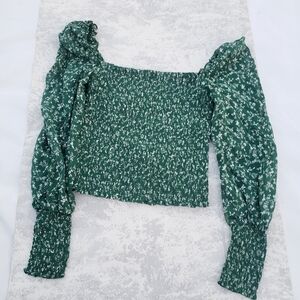 Reformation Top Womens Small Green Floral Smocked Puff Long Sleeve Prairie Boho